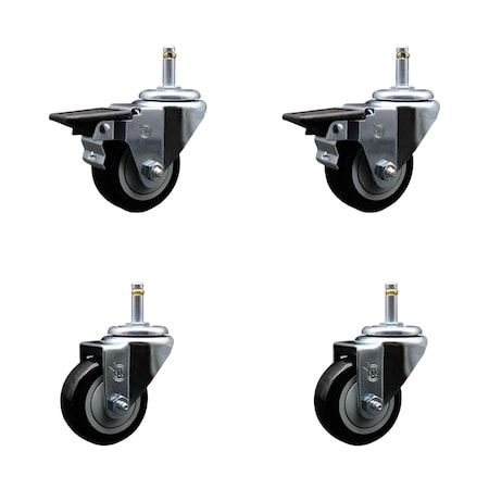 Service Caster 3'' Black Poly Wheel Swivel 7/16'' Grip Ring Stem Caster Set 2 Brakes, 4PK SCC-GR20S314-PPUB-BLK-PLB-716138-2S2